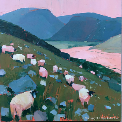 Herdwick Sheep Under Pink Skies - lake district wildlife art print and canvas by Diana Sutherland A.I