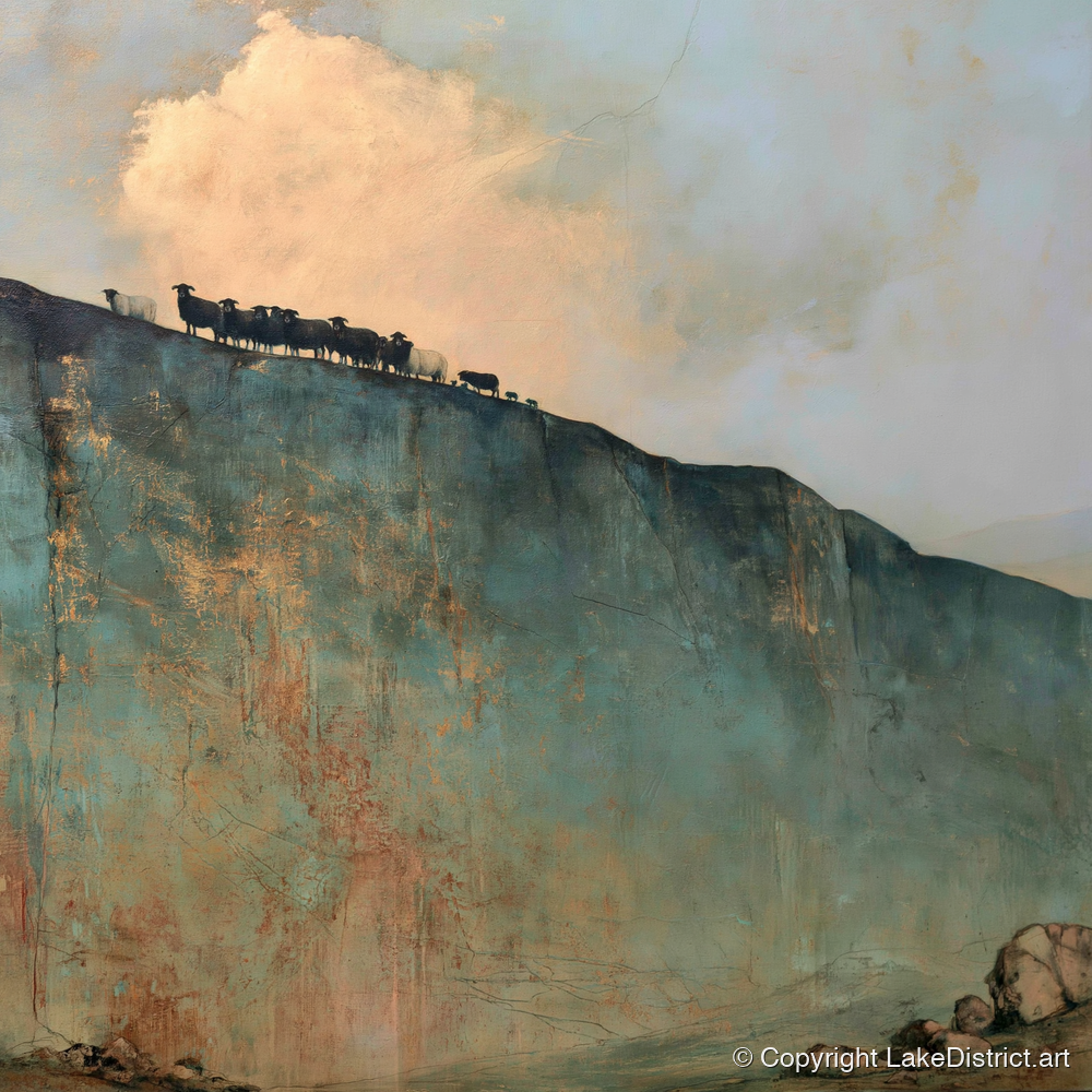 Herdwicks on a Fell Skyline - lake district wildlife art print and canvas by Silas Thorne A.I