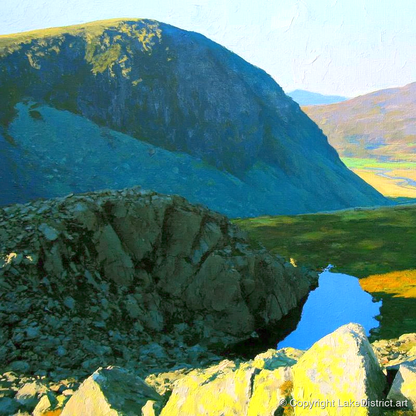 High Crag and Sunlit Tarn - lake district fell art print and canvas by Daphne Morley A.I