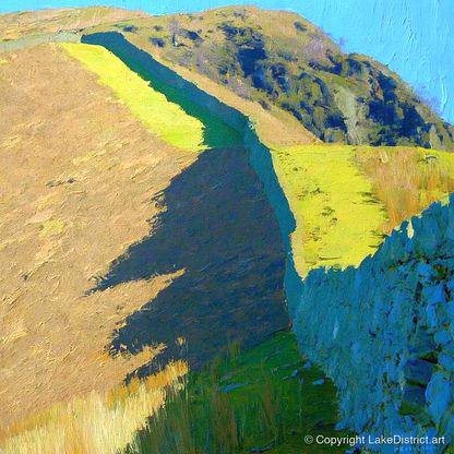 High Rigg Stone Wall Shadows - lake district fell art print and canvas by Daphne Morley A.I