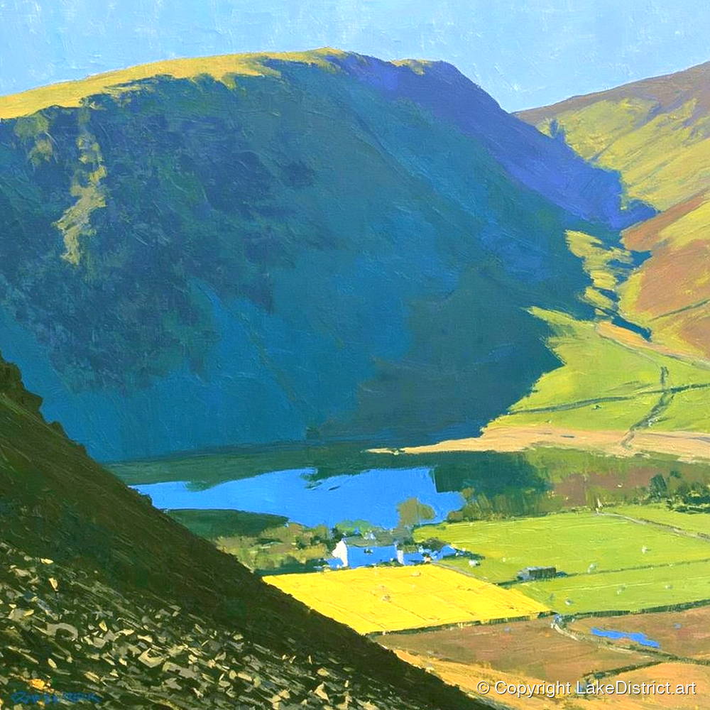 High Seat Over Vibrant Fields - lake district fell art print and canvas by Daphne Morley A.I