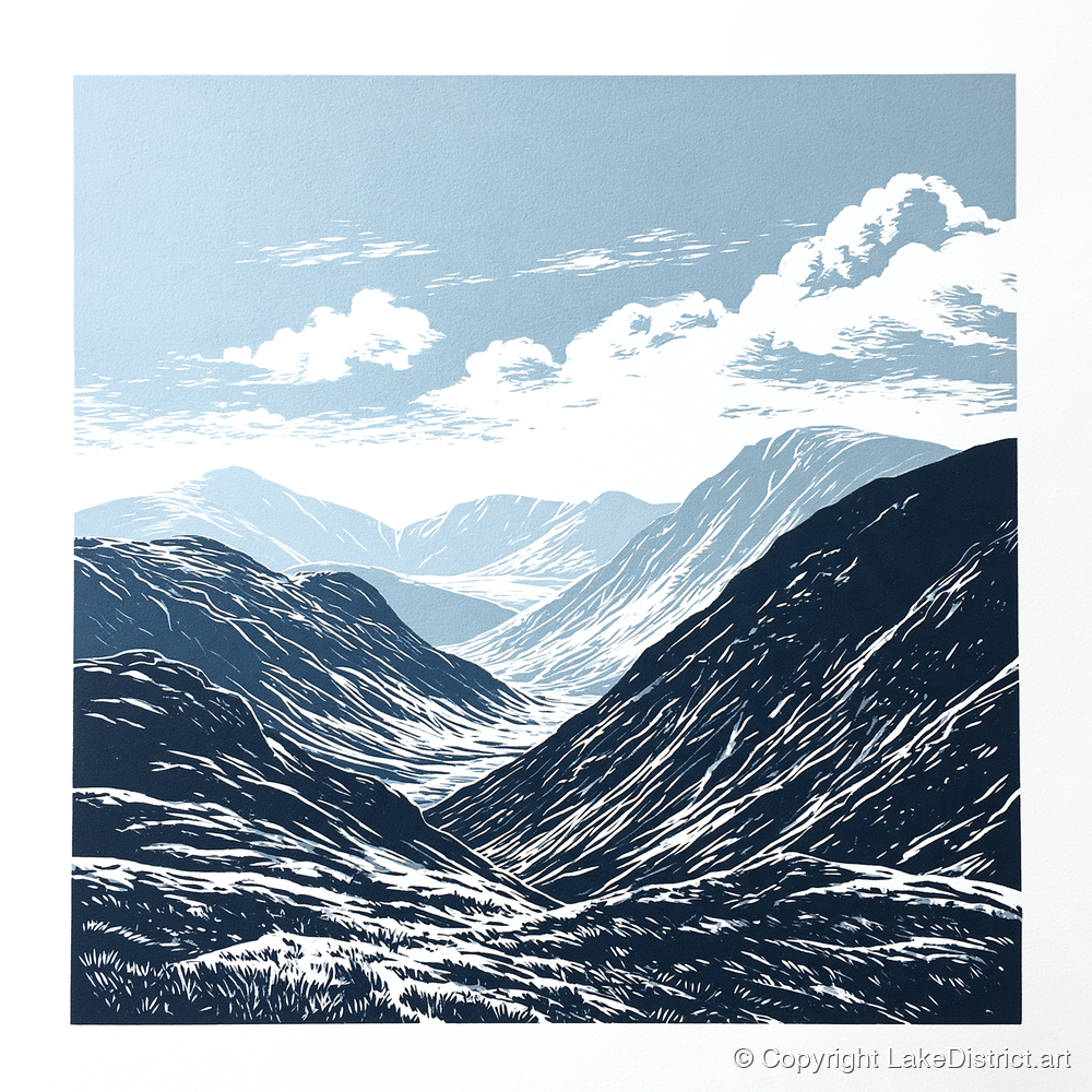 High Summit Valley in Navy - lake district fell art print and canvas by Alfred Morland A.I