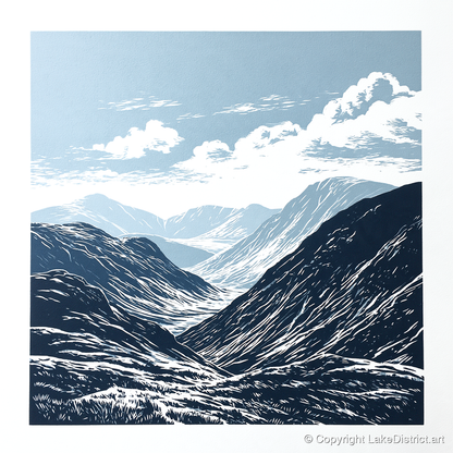High Summit Valley in Navy - lake district fell art print and canvas by Alfred Morland A.I