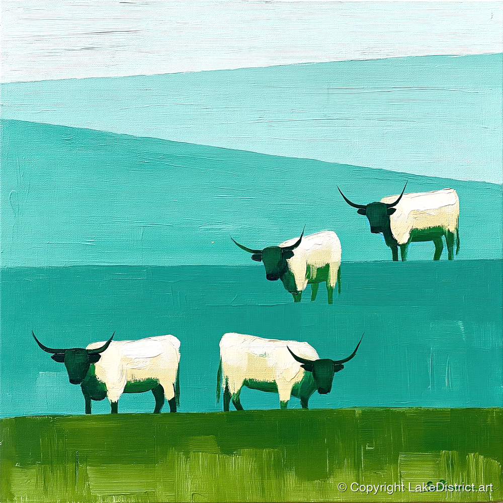 Highland Cattle Against Teal Fells - lake district wildlife art print and canvas by Sebastian Finch A.I