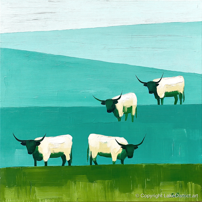 Highland Cattle Against Teal Fells - lake district wildlife art print and canvas by Sebastian Finch A.I