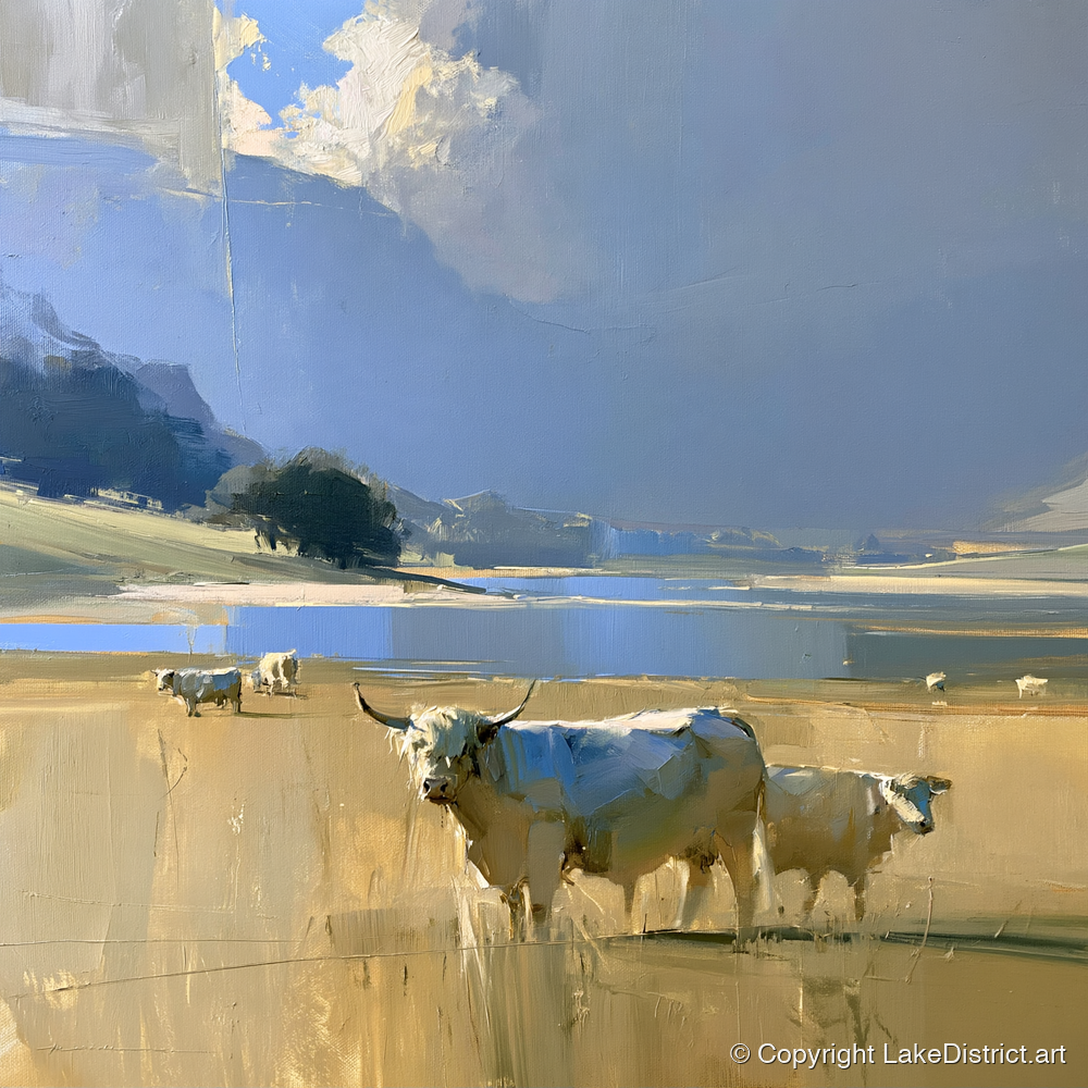 Highland Cattle Before Moody Fells - lake district wildlife art print and canvas by Elias Thorne A.I