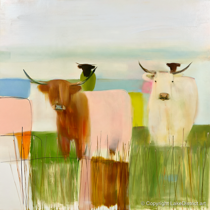 Highland Cattle in Abstract Pastels - lake district wildlife art print and canvas by Eleanor Croft A.I