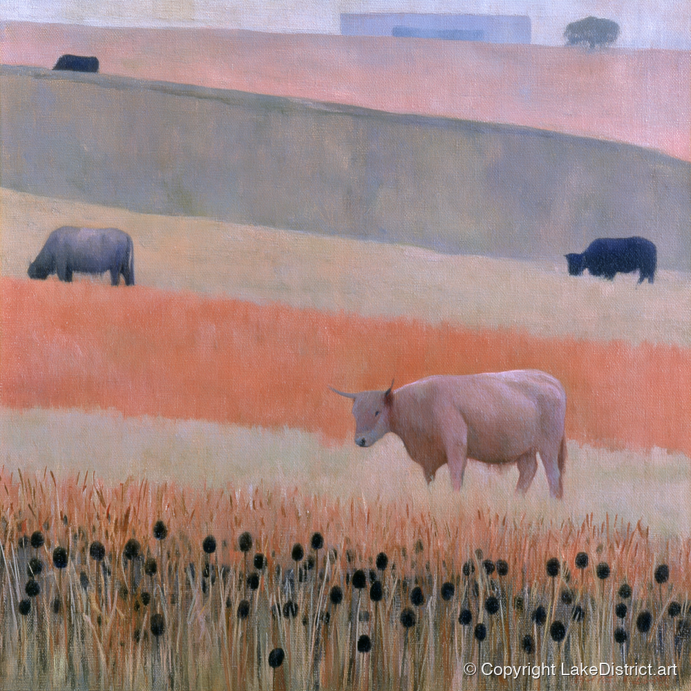 Highland Cattle in Pastel Fells - lake district wildlife art print and canvas by Alistair Thorne A.I