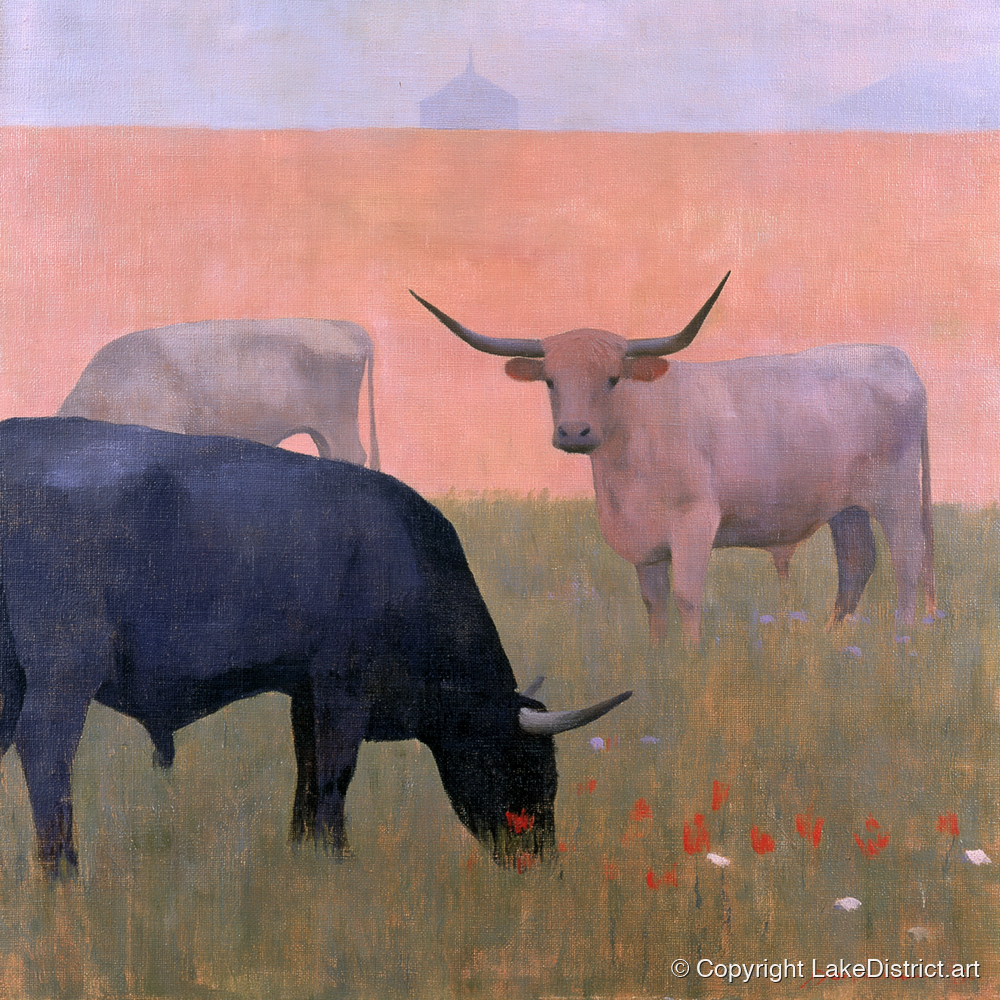 Highland Cattle in Pastel Light - lake district wildlife art print and canvas by Alistair Thorne A.I