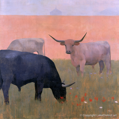 Highland Cattle in Pastel Light - lake district wildlife art print and canvas by Alistair Thorne A.I