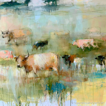 Highland Cattle in Pastel Washes - lake district wildlife art print and canvas by Antonia Blythe A.I