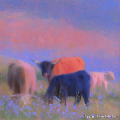 Highland Cattle in Pink Twilight - lake district wildlife art print and canvas by Theodore Vance A.I