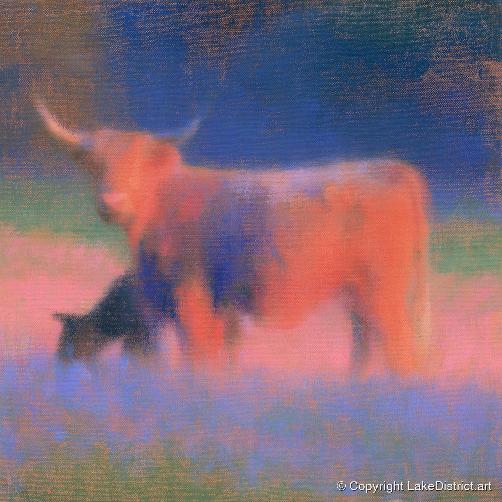 Highland Cattle in Twilight Haze - lake district wildlife art print and canvas by Theodore Vance A.I