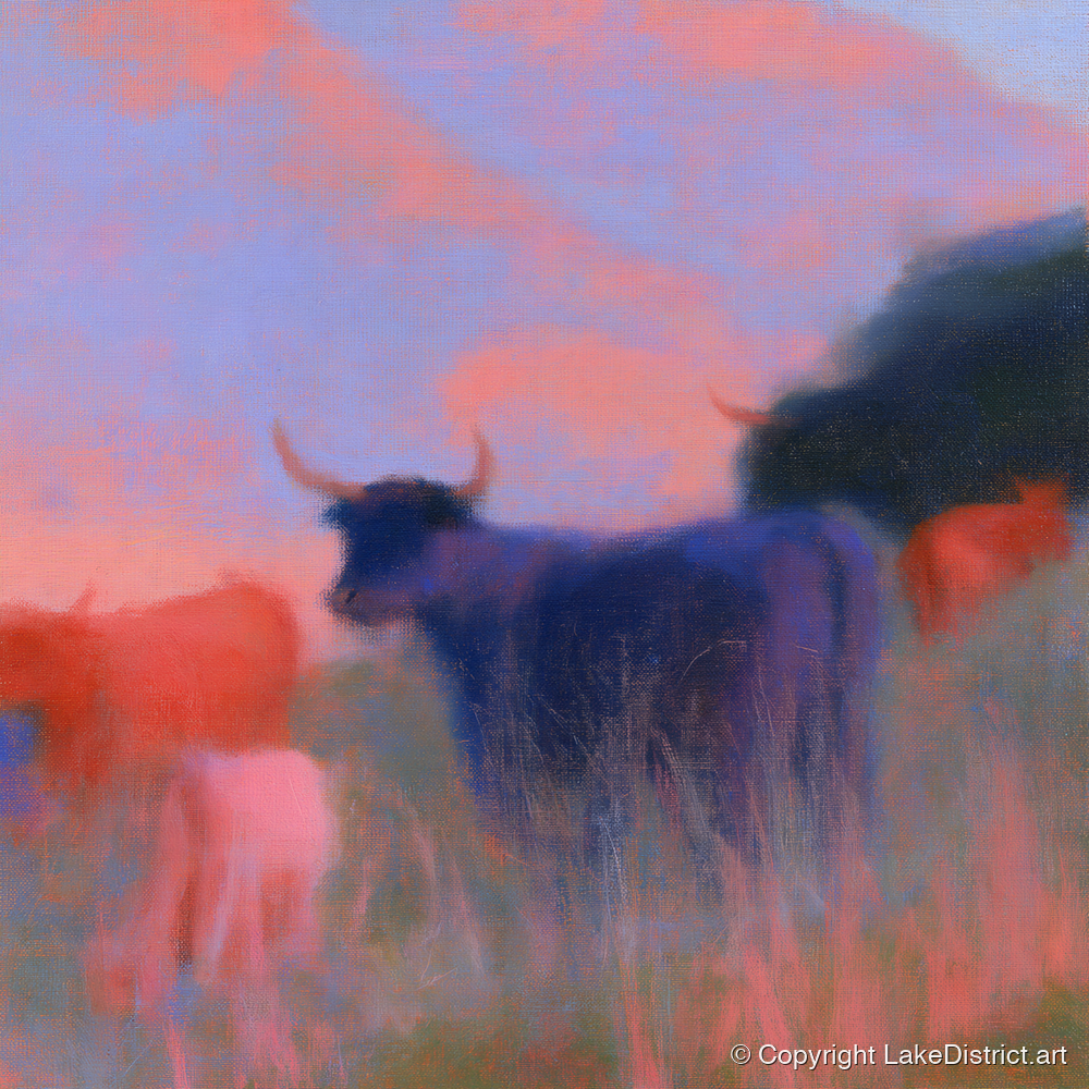 Highland Cattle in Violet Dusk - lake district wildlife art print and canvas by Theodore Vance A.I