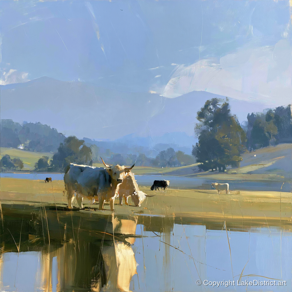 Highland Cattle Lakeshore Reflections - lake district wildlife art print and canvas by Elias Thorne A.I