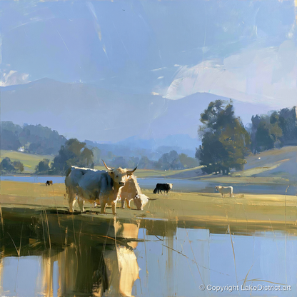 Highland Cattle Lakeshore Reflections - lake district wildlife art print and canvas by Elias Thorne A.I