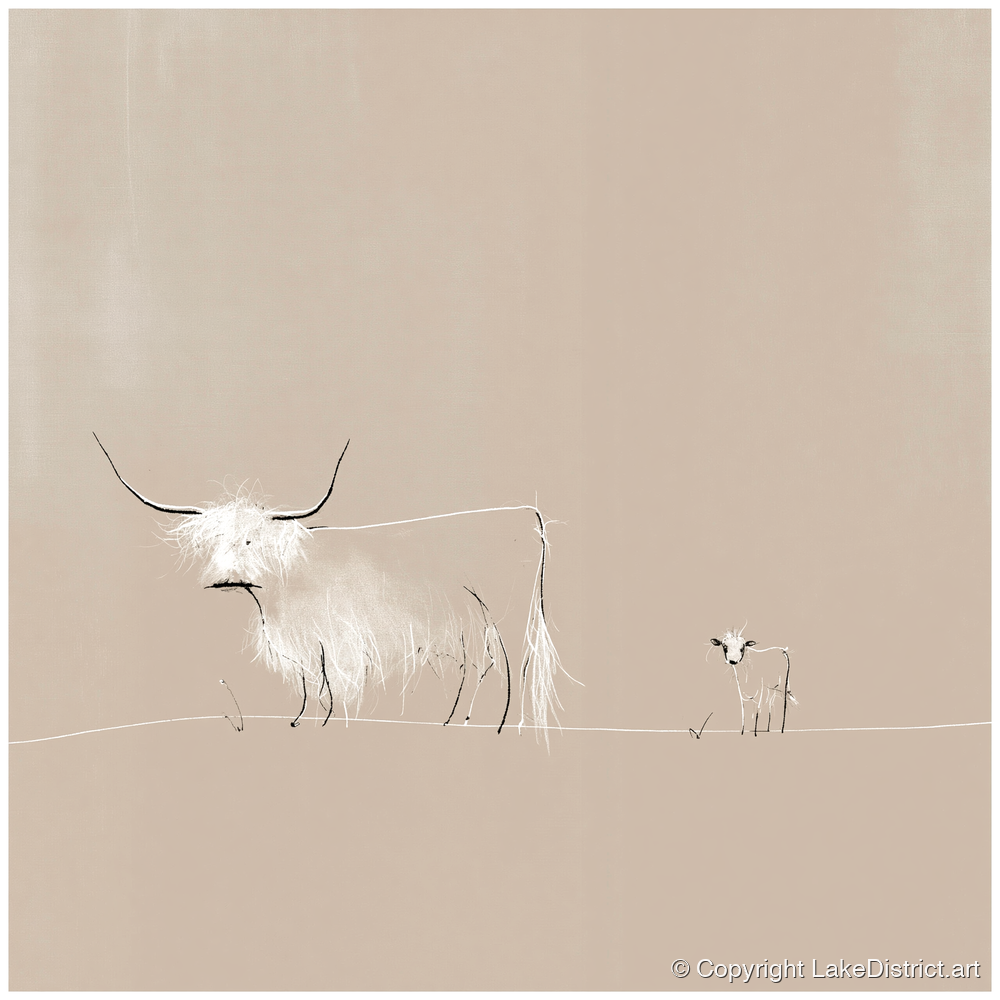 Highland Cattle on Warm Beige - lake district wildlife art print and canvas by Ellis Calder A.I