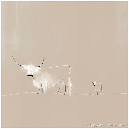 Highland Cattle on Warm Beige - lake district wildlife art print and canvas by Ellis Calder A.I