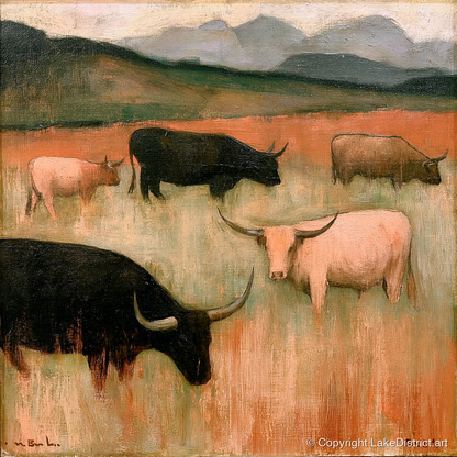 Highland Cattle on Warm Fells - lake district wildlife art print and canvas by Arabella Knight A.I