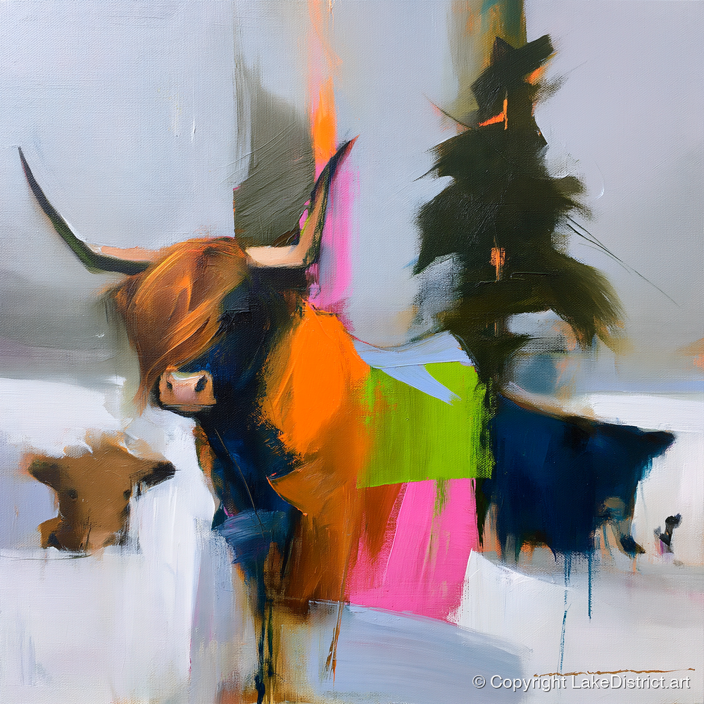Highland Cow in Vibrant Colour - lake district wildlife art print and canvas by Warren Yates A.I