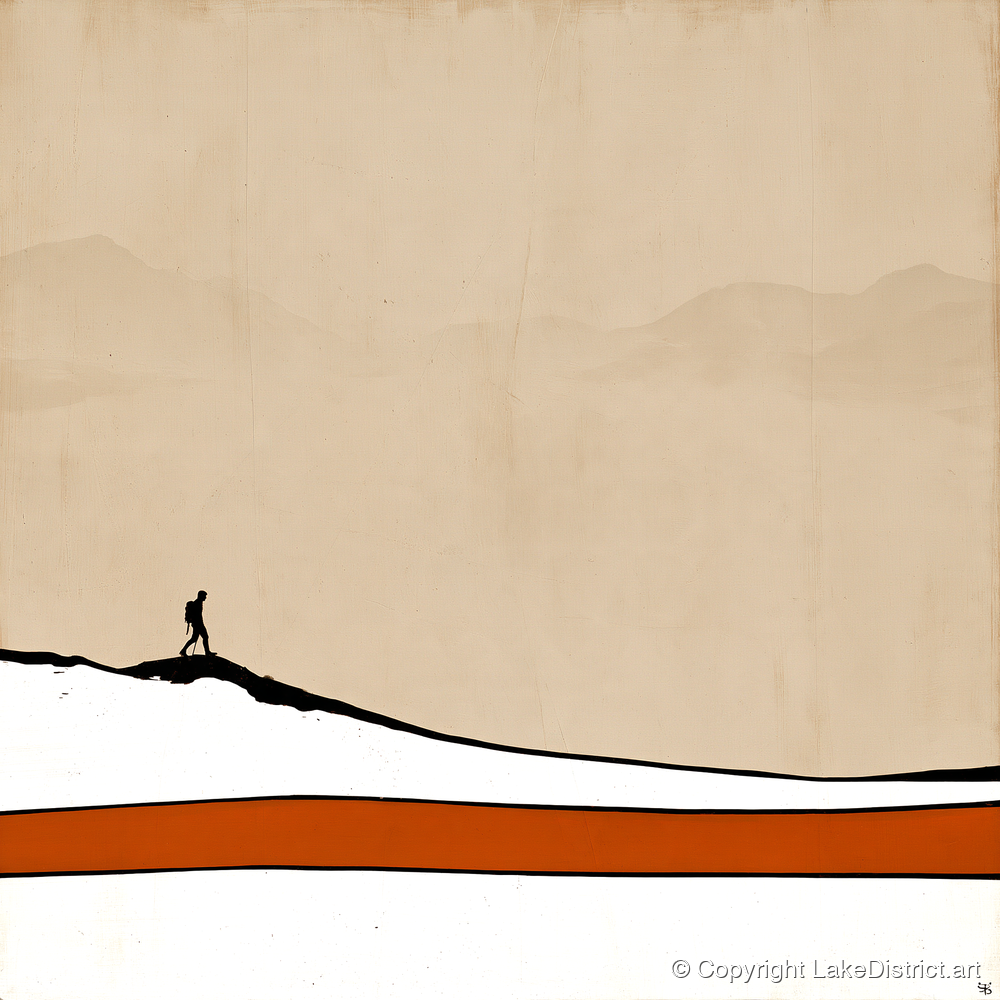 Hiker Silhouette against Distant Fells - lake district walking art print and canvas by Barnaby West A.I