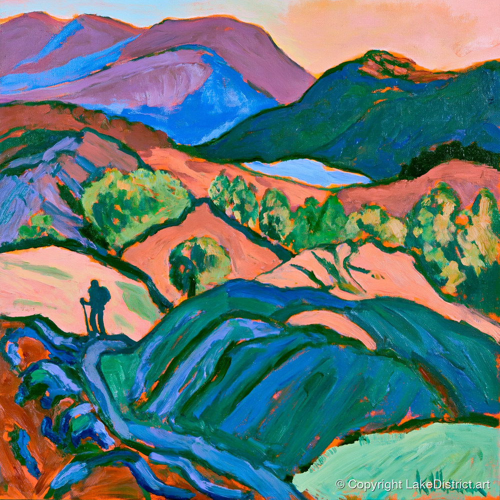 Hiker Silhouette in Vibrant Fells - lake district walking art print and canvas by Gideon Wright A.I