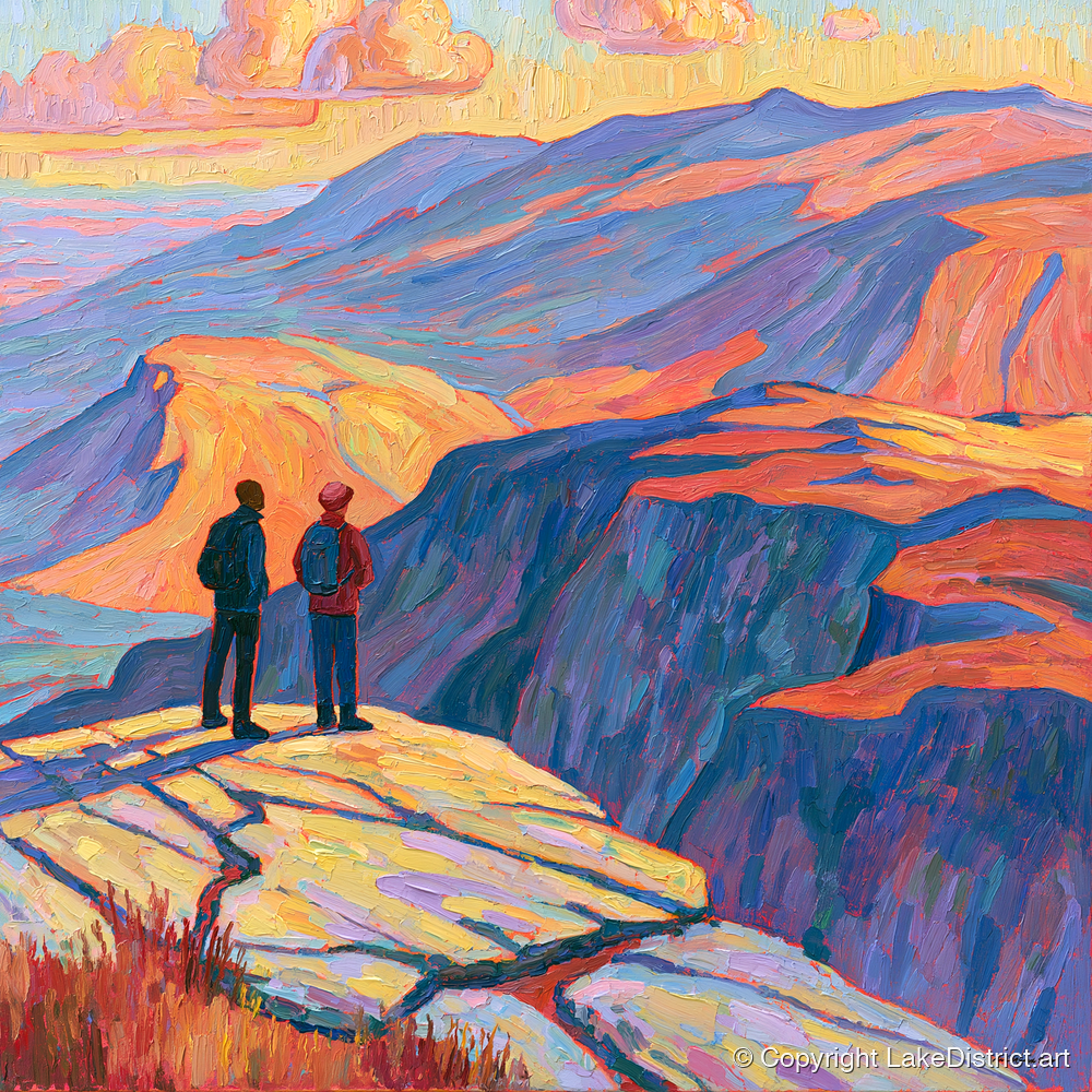 Hikers at Sunset on the Fells - lake district fell art print and canvas by Celia Harding A.I