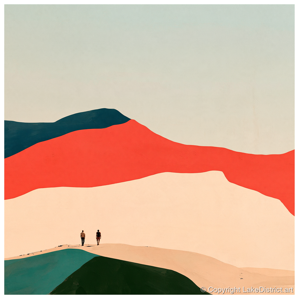 Hikers on a Graphic Fell Ridge - lake district fell art print and canvas by Malcolm Reed A.I