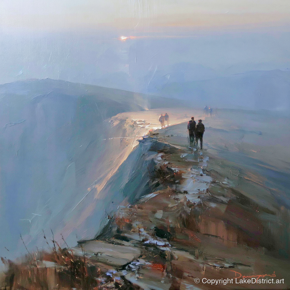 Hikers on a Hazy Fell Top - lake district fell art print and canvas by Marcus Dalton A.I