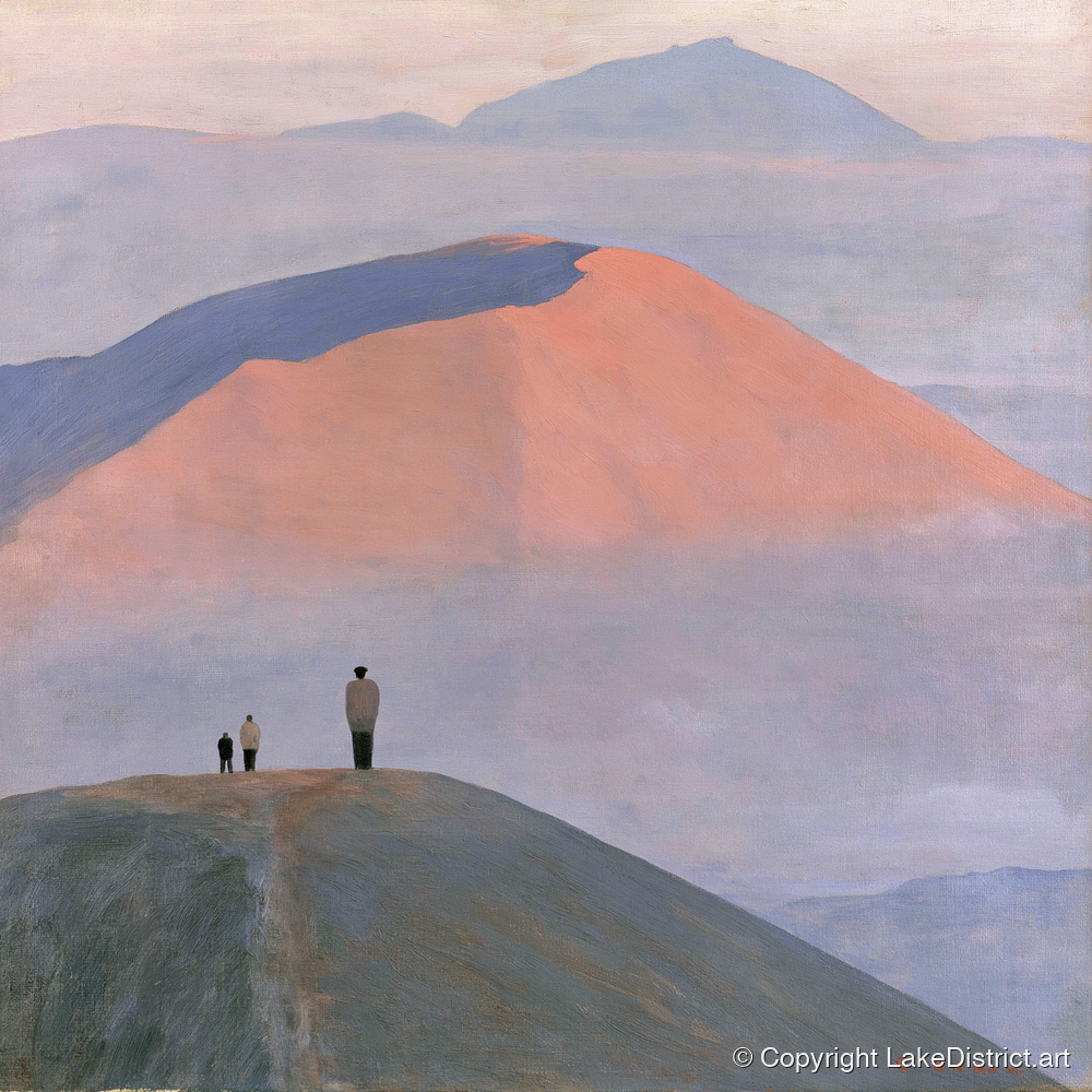 Hikers on a Pastel Fell Top - lake district fell art print and canvas by Alistair Thorne A.I