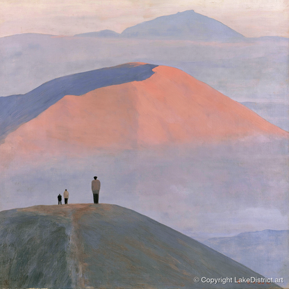 Hikers on a Pastel Fell Top - lake district fell art print and canvas by Alistair Thorne A.I