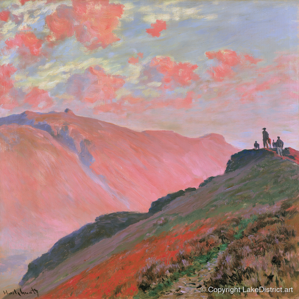 Hikers on a Pink Sunset Fell - lake district fell art print and canvas by Clara Sterling A.I