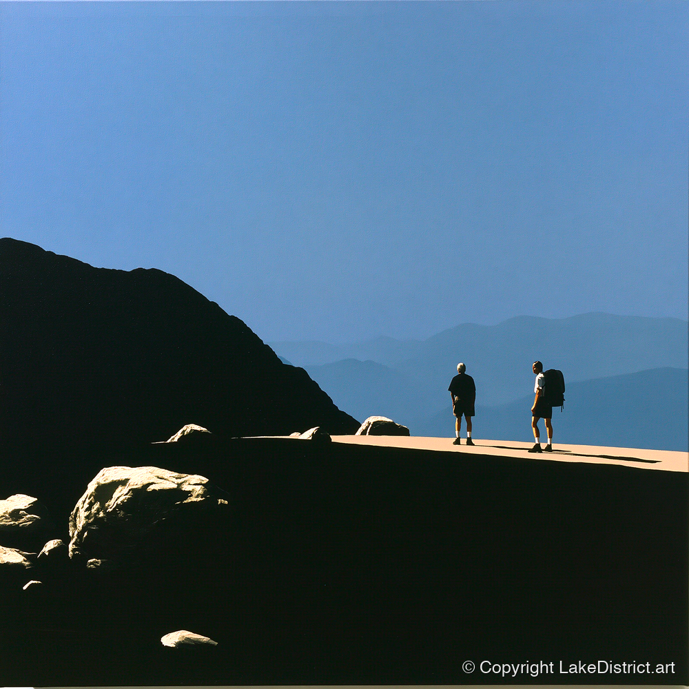 Hikers on a Sunlit Fell Ridge - lake district fell art print and canvas by Adelaide Calloway A.I