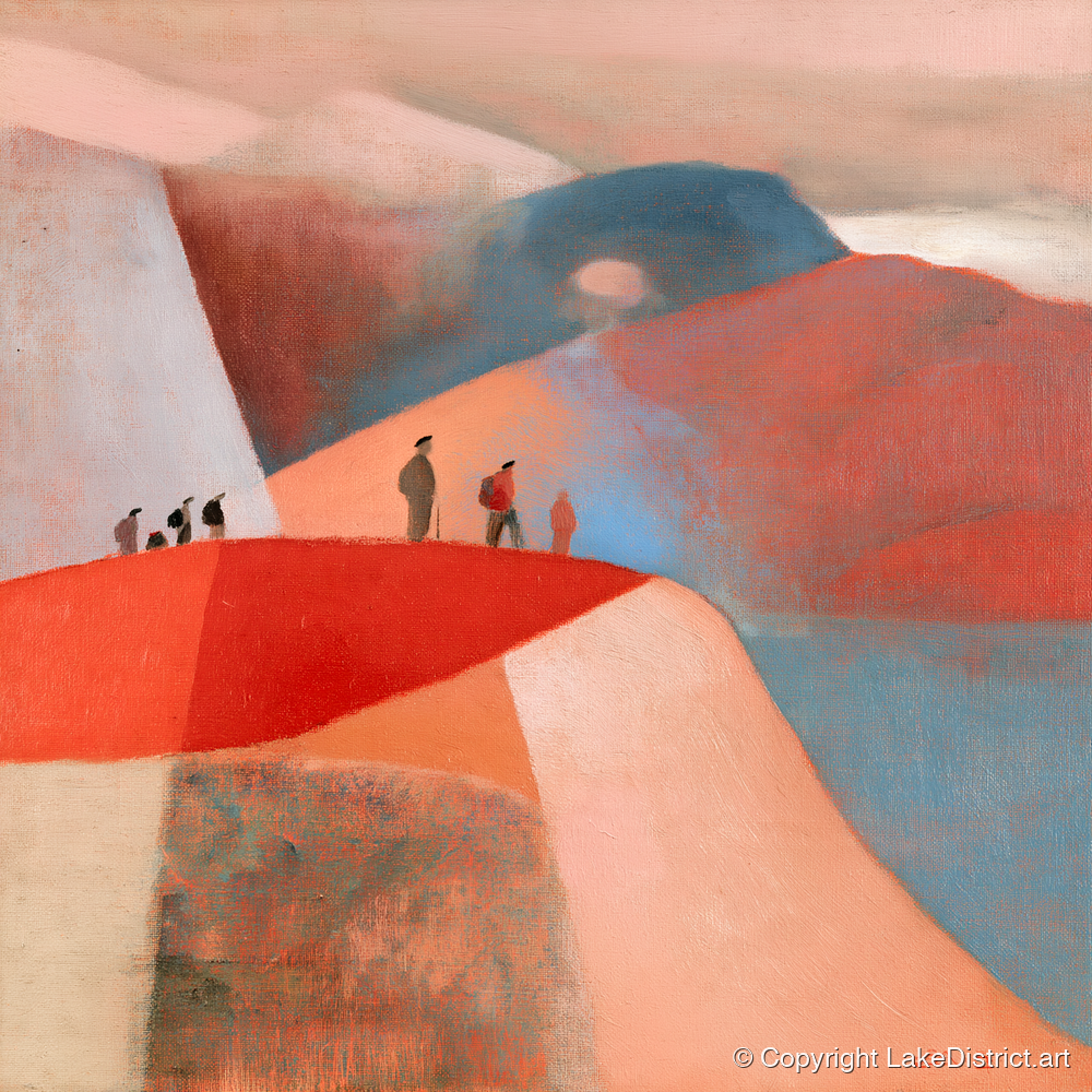 Hikers on a Terracotta Ridge - lake district fell art print and canvas by Arthur Pendelton A.I