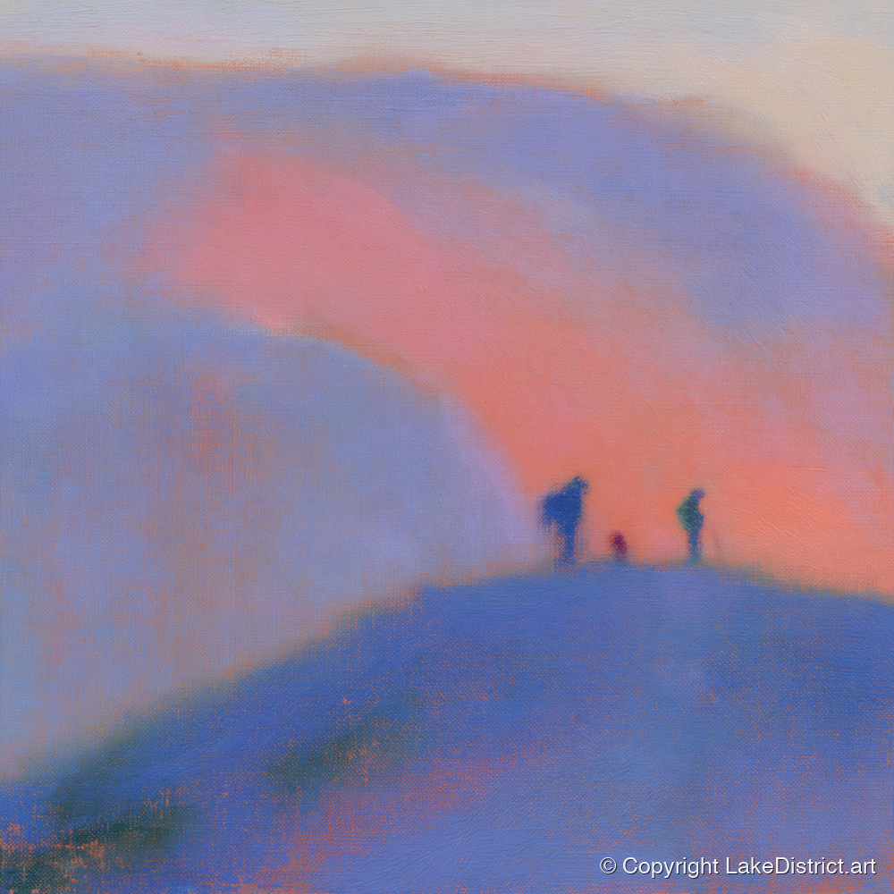Hikers on a Twilight Fell - lake district fell art print and canvas by Theodore Vance A.I