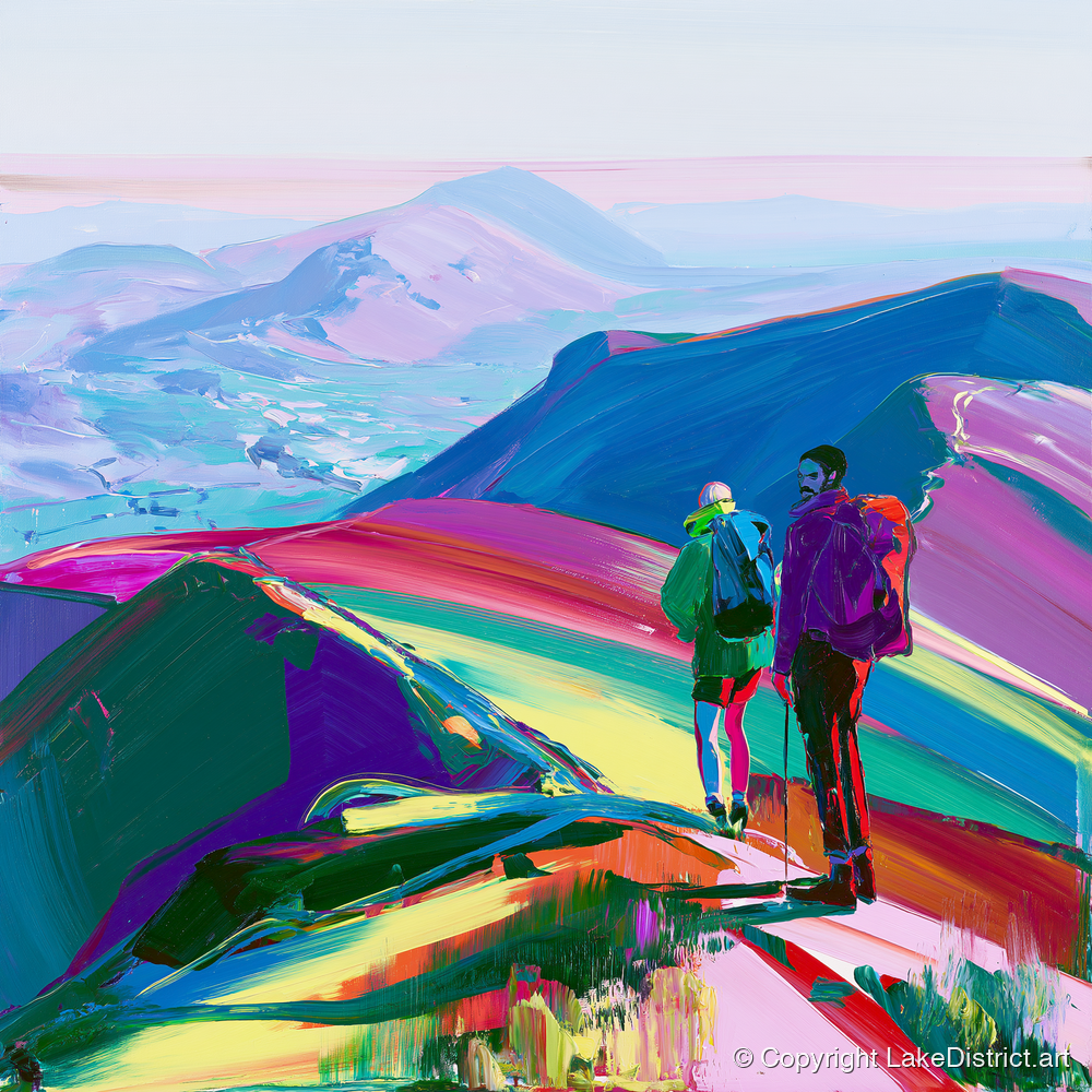 Hikers On A Vibrant Fell - lake district fell art print and canvas by Julian Mercer A.I