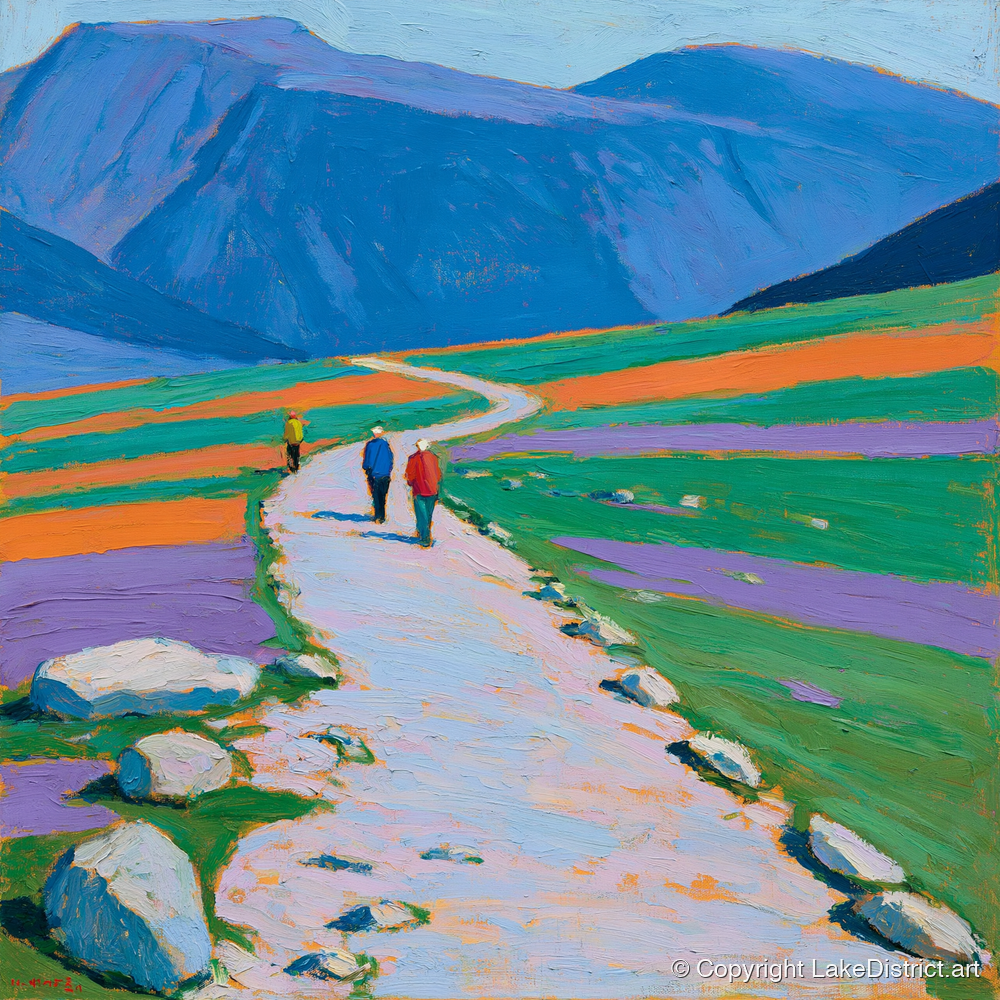 Hikers on a Vibrant Fell Path - lake district fell art print and canvas by Marshall Davies A.I