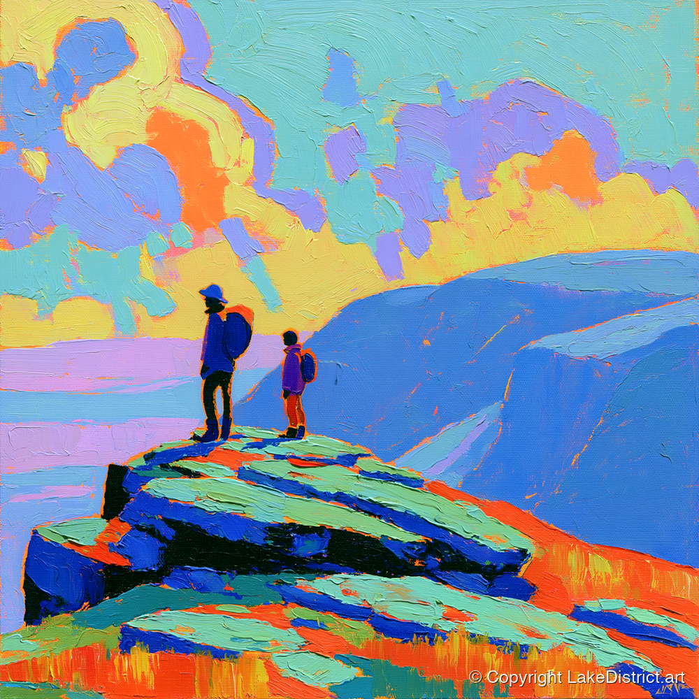 Hikers on a Vibrant Fell Summit - lake district fell art print and canvas by Jonathan Crawford A.I
