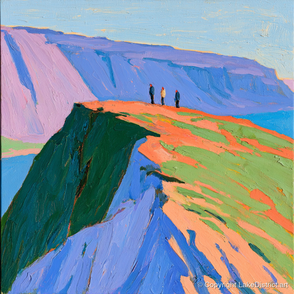 Hikers on a Vibrant Fell Top - lake district fell art print and canvas by Marshall Davies A.I