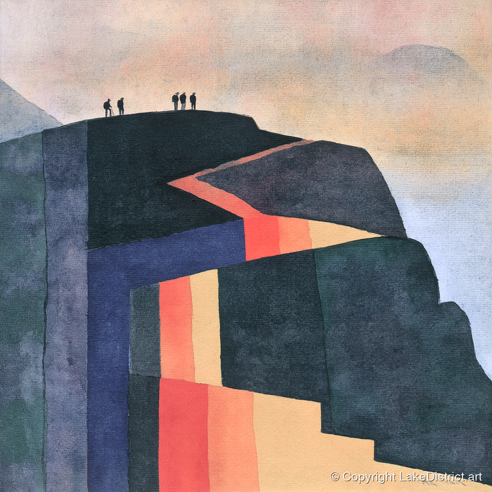 Hikers on Bold Geometric Fells - lake district fell art print and canvas by Edwin Locke A.I