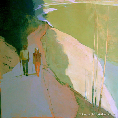 Hikers on Lakeside Mountain Path - lake district walking art print and canvas by Emerson Grey A.I