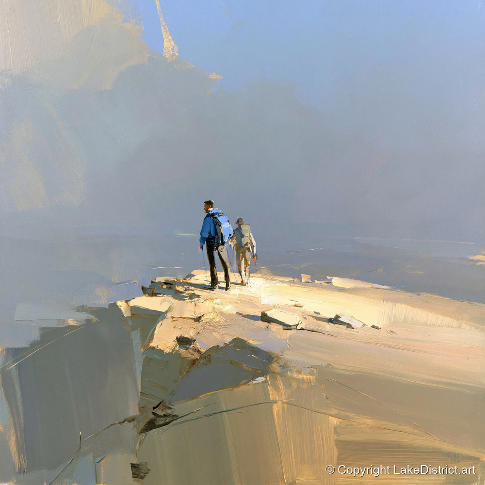 Hikers on Sunlit Fell Summit - lake district fell art print and canvas by Elias Thorne A.I