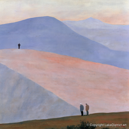 Hikers on Sweeping Pastel Fells - lake district fell art print and canvas by Alistair Thorne A.I