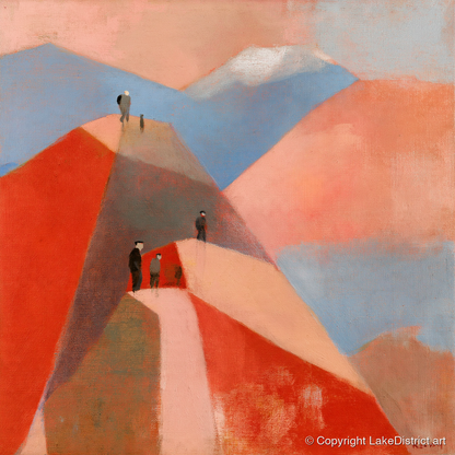 Hikers on Terracotta Fell Top - lake district fell art print and canvas by Arthur Pendelton A.I