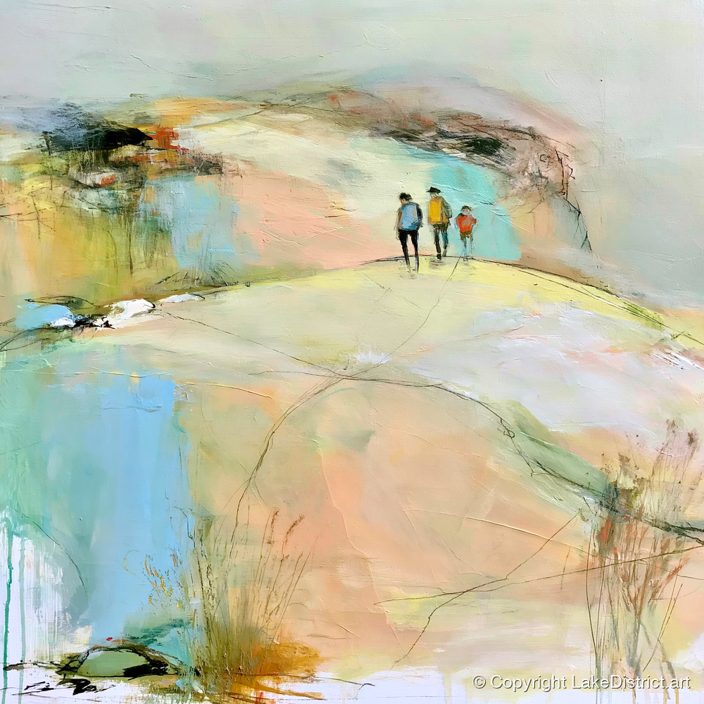 Hikers on the Pastel Fell - lake district fell art print and canvas by Antonia Blythe A.I