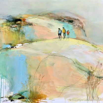 Hikers on the Pastel Fell - lake district fell art print and canvas by Antonia Blythe A.I