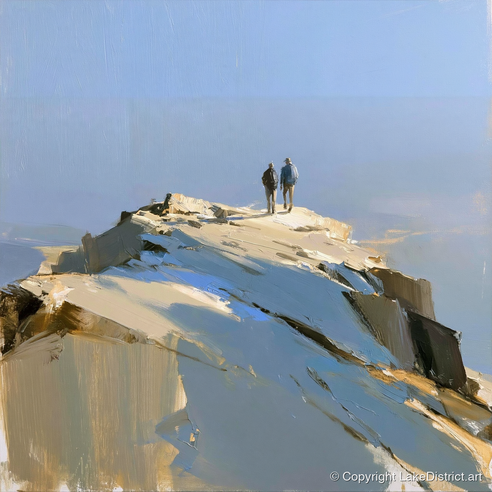 Hikers on the Sunlit Summit - lake district fell art print and canvas by Elias Thorne A.I