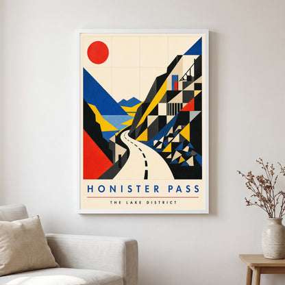 Honister Pass travel poster in a white frame, hanging in a living2