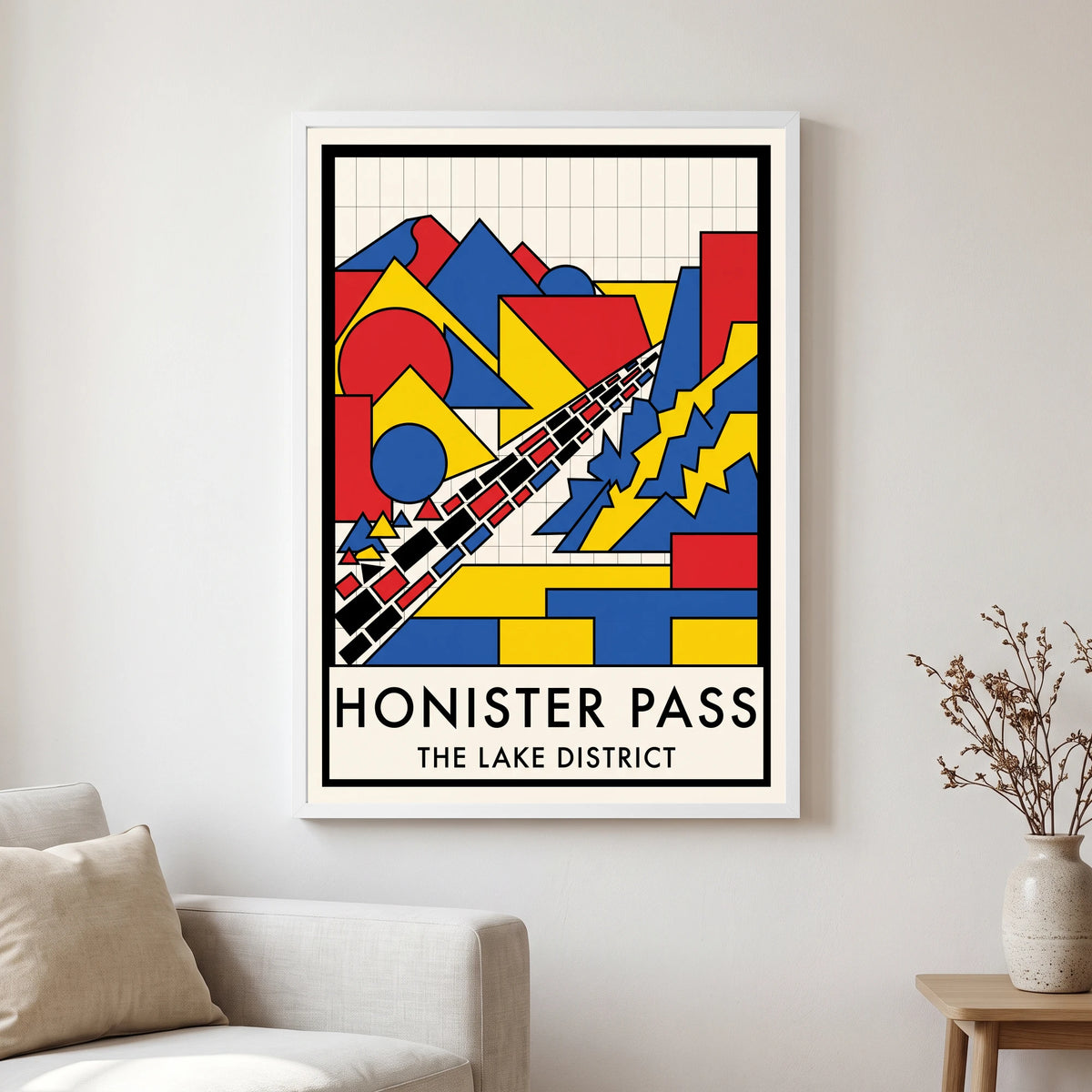Honister Pass travel poster in a white frame, hanging in a living2