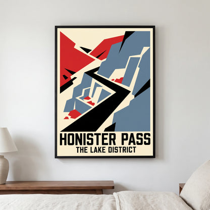 Honister Pass travel poster in a black frame, hanging in a bedroom3